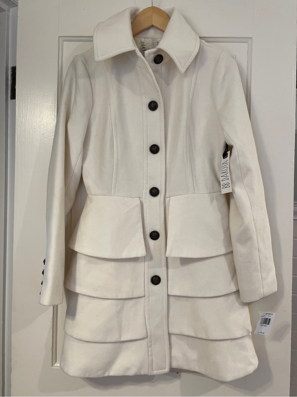 NWT BB Dakota Ivory Peplum Ruffle Pea Coat White Jacket Size M